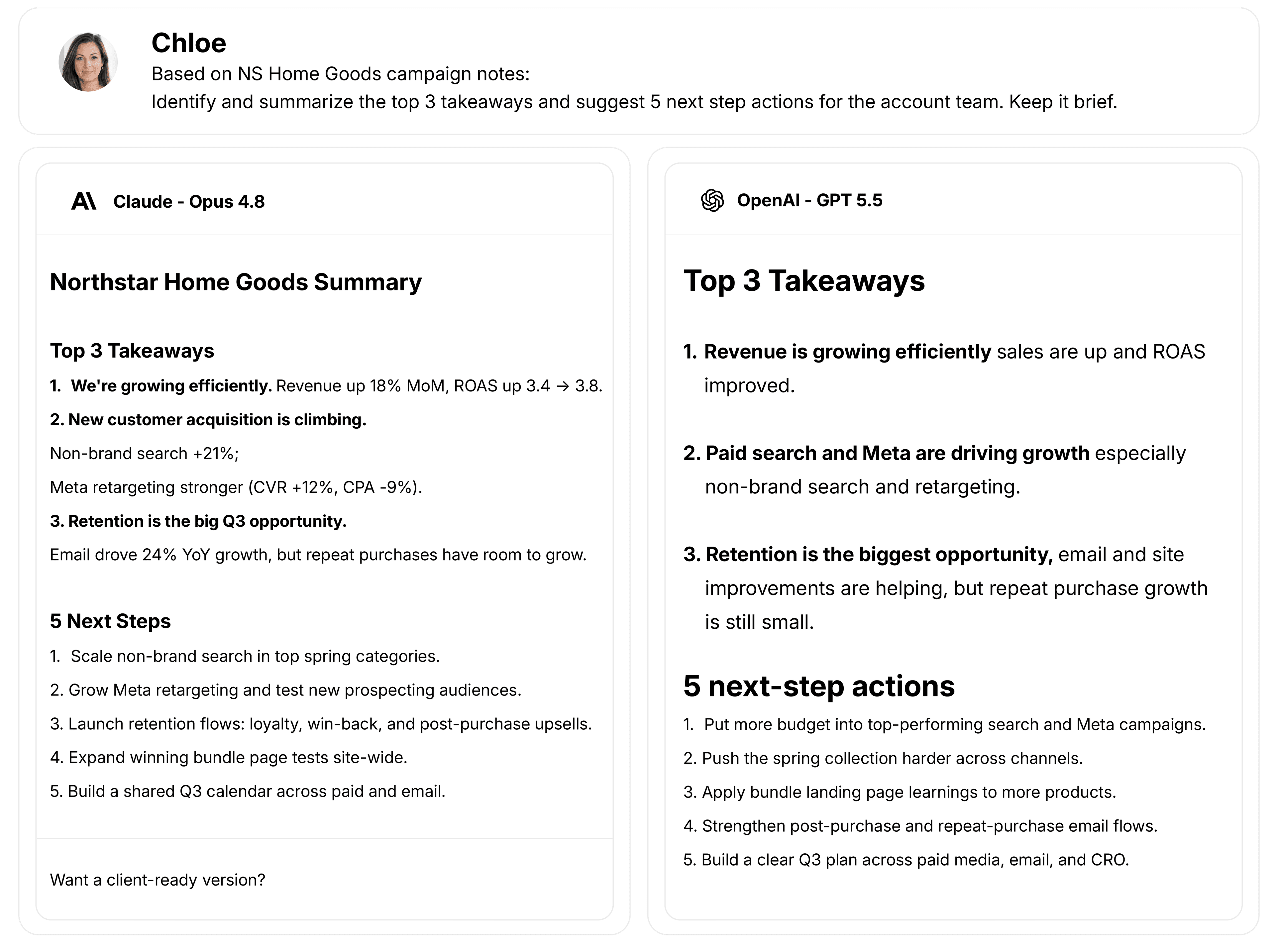 Side-by-side comparison of Claude and GPT outputs in ai/Chat